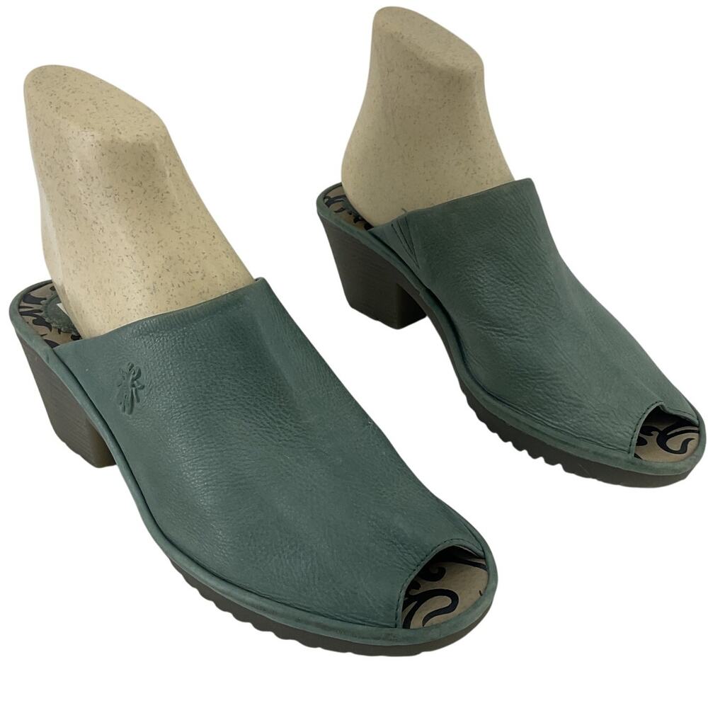 FLY London Green Leather Mule Open Toe Sandals Women's Size 9.5 Preowned